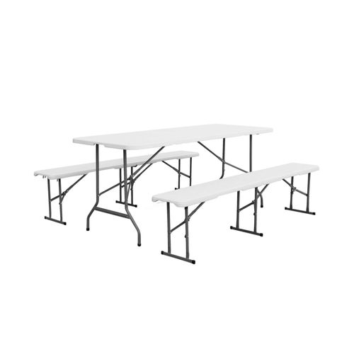 Set De Table Et Bancs De Réception. 180 Cm. Pliables. Avec Poignée De Transport. Plastique Blanc