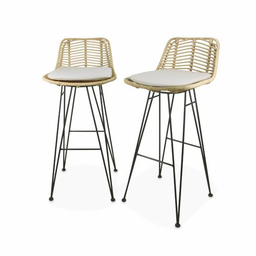 Deux Tabourets De Bar En Rotin Naturel Et Métal. Coussins Beige 75cm- Cahya