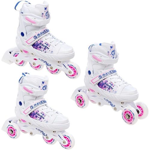 Roller En Ligne Meia Du 31 Au 35 + Patin A Roulette + Triskate Adulte Mixte Taille Ajustable Blanc/Bleu/Rose Raven