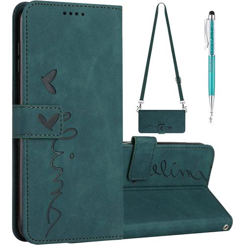 Coque Pour Xiaomi Redmi 9a Avec Cordon, Premium Étui Housse En Cuir De Protection Avec [Porte Carte] [Fermeture Magnétique] Cordon Tour De Cou Lanière En Corde Pour Xiaomi Redmi 9a (Vert)