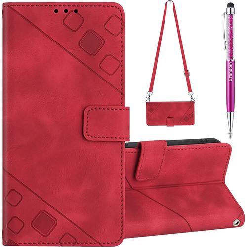 Coque Pour Iphone 14 Plus Avec Cordon, Réglable Lanyard Housse Rabat Portefeuille Cuir Etui, Slim Tpu Silicone Bumper Magnétique Housse, Wallet Case Iphone 14 Plus (6,7 Pouces) (Rouge)