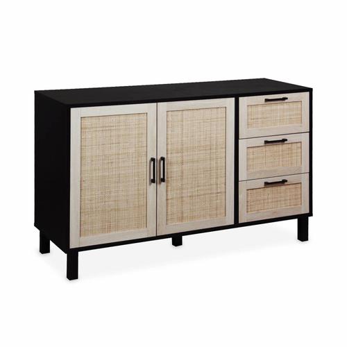 Buffet Noir Et Cannage 120 X 40 X 75cm - Bianca - 3 Tiroirs 2 Portes 2 Niveaux 1 Étagère