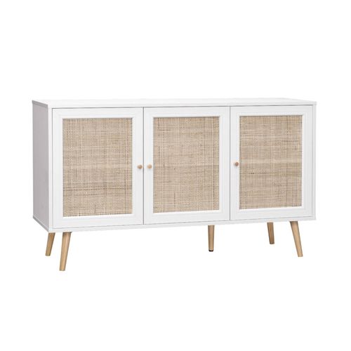 Buffet De Rangement En Cannage. Blanc 120x39x70 Cm - Bohème - 2 Niveaux. 3 Portes. Pieds