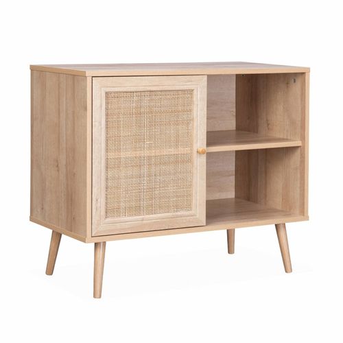 Meuble De Rangement En Cannage 80x39x65.8cm Bohème - Naturel - 2 Niveaux - 1 Porte - Pieds