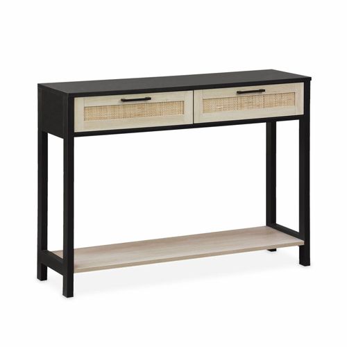 Console Décor Bois Noir Et Cannage 100 X 30 X 75cm - Bianca - 2 Tiroirs - 1 Étagère