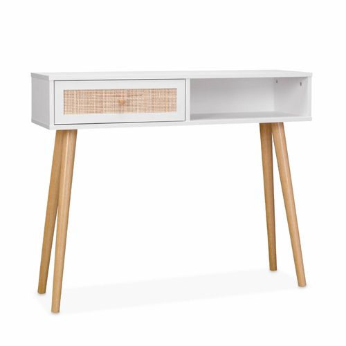 Console En Cannage 100x29x81cm - Bohème - Blanc. 1 Tiroir.1 Espace De Rangement. Pieds