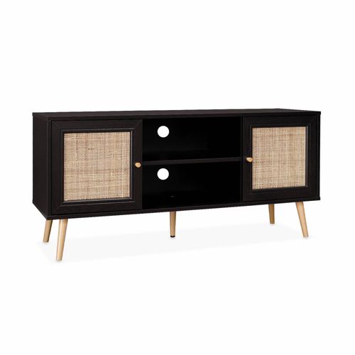 Meuble Tv En Cannage 120x39x56.5cm - Bohème - Noir. 2 Niveaux. 2 Étagères. 2 Portes. Pieds