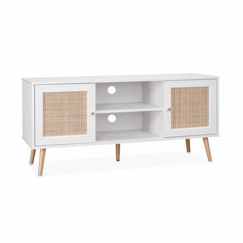 Meuble Tv En Cannage 120x39x56.5cm - Bohème - Blanc 2 Niveaux 2 Étagères 2 Portes Pieds