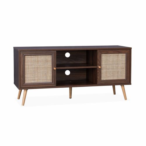 Meuble Tv En Cannage 120x39x56.5cm - Bohème - Couleur Bois Foncé. 2 Niveaux. 2 Étagères. 2 Portes