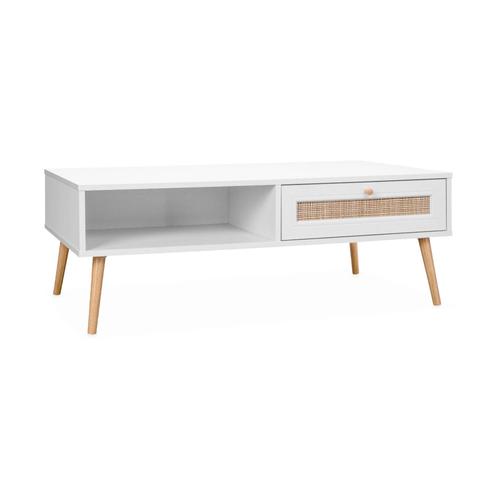 Table Basse En Cannage 110x59x39cm Bohème Blanc 1 Tiroir 1 Espace De Rangement Pieds