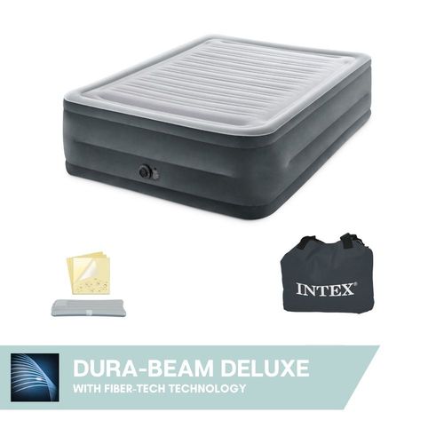 Matelas Gonflable Intex - Comfort Plush High-Rise - 2 Personnes - 152x203x56 Cm (Lxlxh) - Gris - Motopompe Intégrée