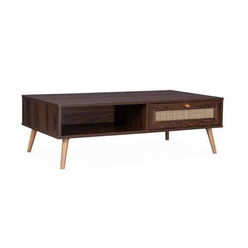 Table Basse En Cannage 110x59x39cm - Bohème - Couleur Bois Foncé. 1 Tiroir. 1 Espace De Rangement