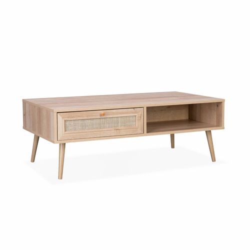 Table Basse En Cannage 110 X 59 X 39 Cm - Bohème - Naturel. 1 Tiroir. 1 Espace De Rangement. Pieds