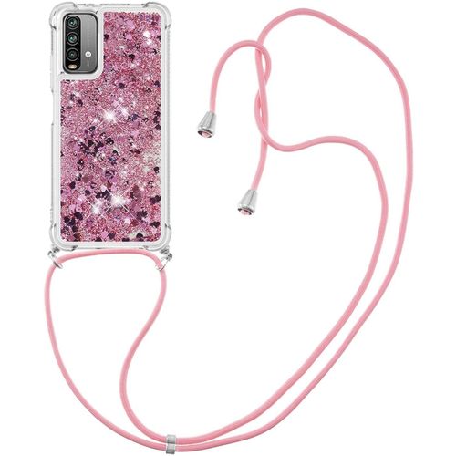 Pour Xiaomi Redmi 9t Coque, Bling Liquide Paillette Antichoc Kawaii Etui Housse Avec Cordage Lanyard Case Pour Xiaomi Redmi 9t. Lp Love Rose