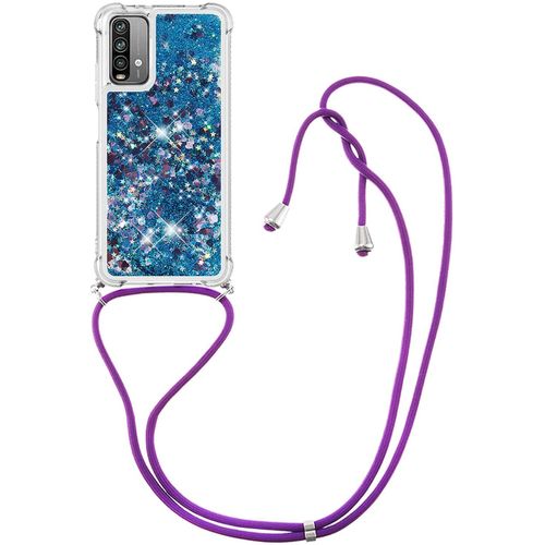Pour Xiaomi Redmi 9t Coque, Bling Liquide Paillette Antichoc Kawaii Etui Housse Avec Cordage Lanyard Case Pour Xiaomi Redmi 9t. Lp Love Blue