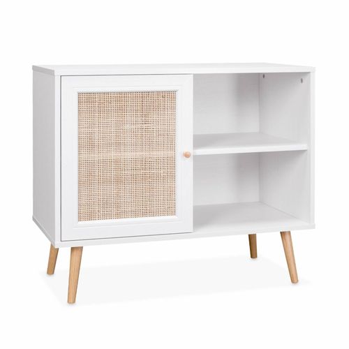 Meuble De Rangement En Cannage 80x39x65.8cm  Bohème - Blanc -  2 Niveaux - 1 Porte -  Pieds