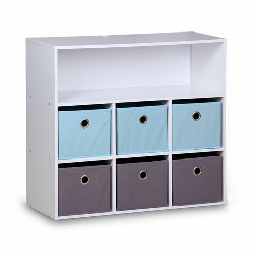 Meuble De Rangement Pour Enfant Blanc Camille Avec 7 Compartiments Et 6 Paniers Gris Et Bleus