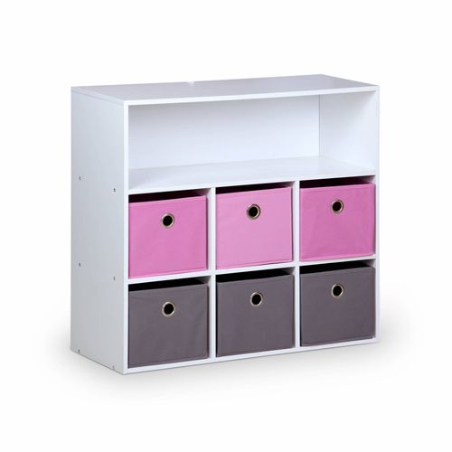 Meuble De Rangement Pour Enfant. Blanc - Camille - Avec 7 Compartiments Et 6 Paniers Gris Et Roses