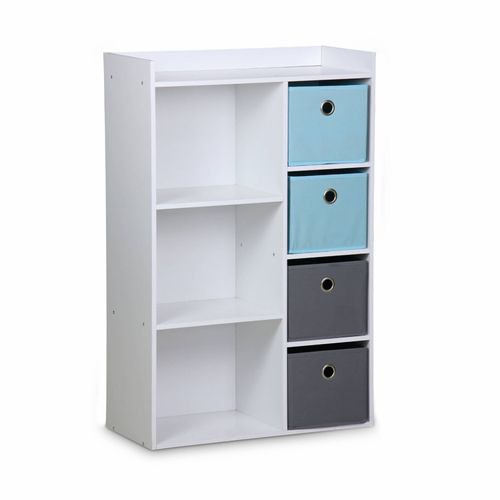 Meuble De Rangement Pour Enfant Blanc Camille Avec 7 Compartiments Et 4 Paniers Gris Et Bleus