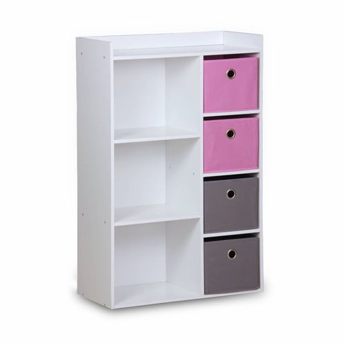 Meuble De Rangement Pour Enfant Blanc Camille Avec 7 Compartiments Et 4 Paniers Gris Et Roses