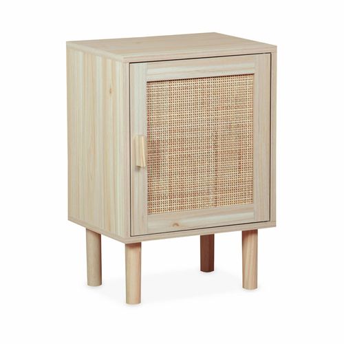 Table De Chevet En Cannage Et Décor Bois - Camargue - 40x30x58cm - 2 Niveaux - 1 Porte - Pieds