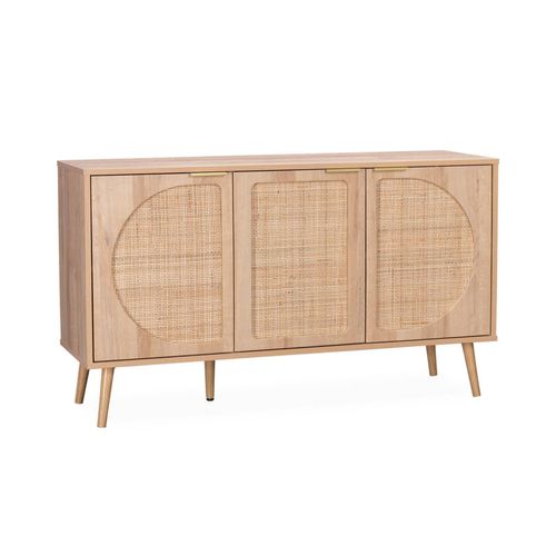 Buffet De Rangement Eva Cannage Arrondis Et Décor Bois Trois Portes Deux Niveaux L 120 X L39 X H70cm