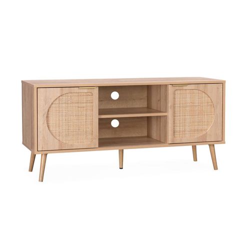 Meuble Tv. Eva. Décor Bois Et Cannage Arrondi 2 Portes. 1 Étagère L120 X L39 X H56.5cm