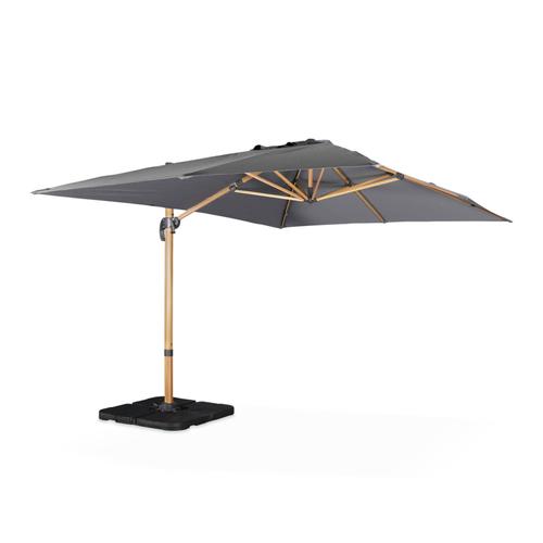 Parasol Déporté Rectangulaire Gris 3x4m. Mât Effet Bois + Dalles À Leste 50x50 Cm