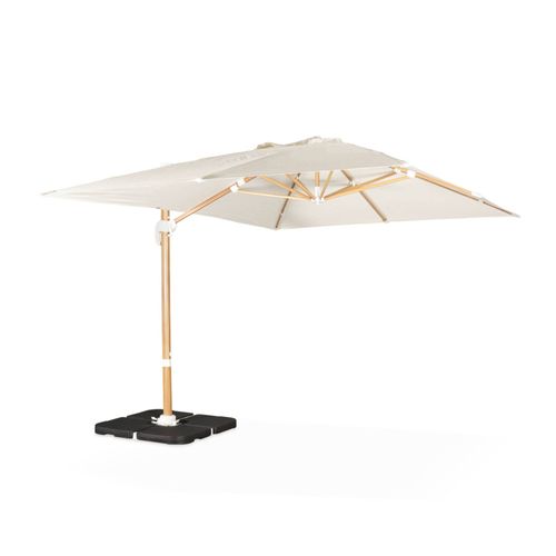 Parasol Déporté Rectangulaire Écru 3x4m. Mât Effet Bois + Dalles À Lester 50x50 Cm