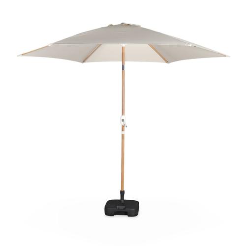 Parasol Droit Rond Sable Ø293cm Mât Central En Aluminium Imitation Bois Orientable Et Manivelle