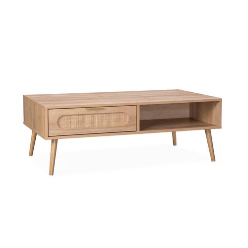 Table Basse Eva Scandinave En Cannage Arrondi Et En Décor Bois 1 Tiroir Réversible L110 X L59 X H39cm