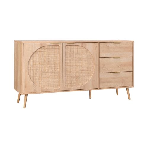 Buffet De Rangement. Eva. Décor Bois Et Cannage Arrondi. 2 Portes 3 Tiroirs L 150 X L 39 X H 79cm