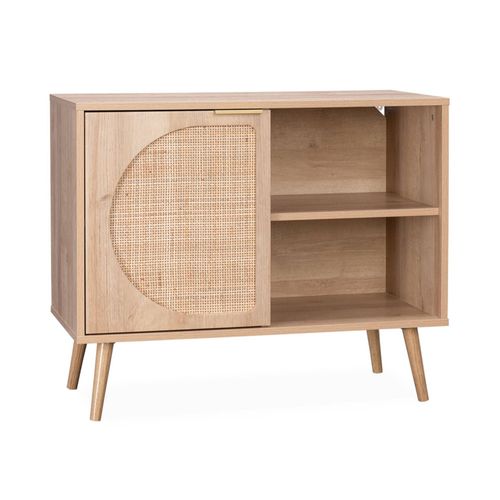 Buffet De Rangement Décor Bois Cannage Arrondis. Eva. 1 Portes Réversible. Deux Niveaux. L80 X L39 X H65.8cm