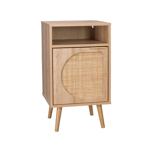 Table De Chevet. Eva. Décor Bois Et Cannage Arrondi. Une Porte. Un Espace De Rangement. L40 X L39 X