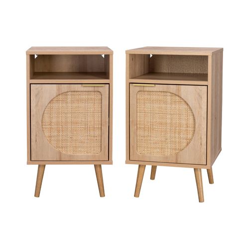 Lot De 2 Tables De Chevet. Eva. Décor Bois Et Cannage Arrondi. Une Porte. Un Espace De Rangement. L40 X L39 X H65.8cm