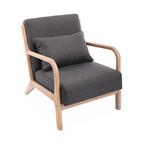 Fauteuil Design En Bois Et Tissu. 1 Place Droit Fixe. Pieds Compas Scandinave. Structure En Bois