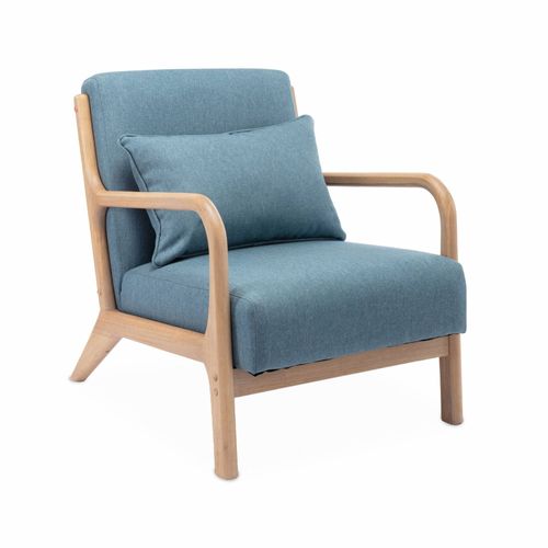 Fauteuil Design En Bois Et Tissu. 1 Place Droit Fixe. Pieds Compas Scandinave. Assise Confortable