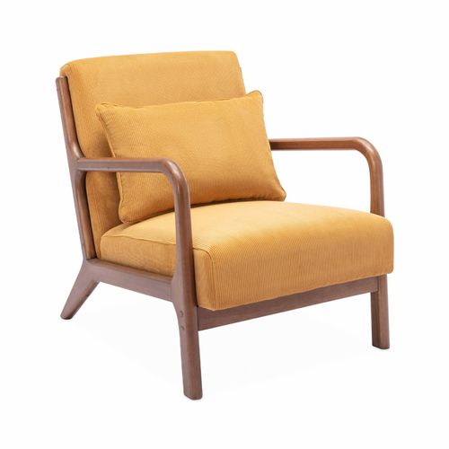 Fauteuil Velours Côtelé Ocre. Pieds Bois D'hévéa Teinté Noyer Clair. 1 Place Droit Fixe. Pieds