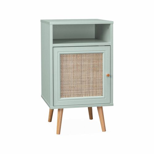 Table De Chevet En Cannage - Bohème - 40x39x65.8cm. Vert Céladon - 2 Niveaux - 1 Porte - 1 Espace