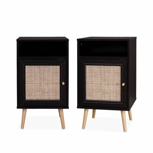 Lot De 2 Tables De Chevet En Cannage - Bohème - 40x39x65.8cm Noir - 2 Niveaux - 1 Portes - 1