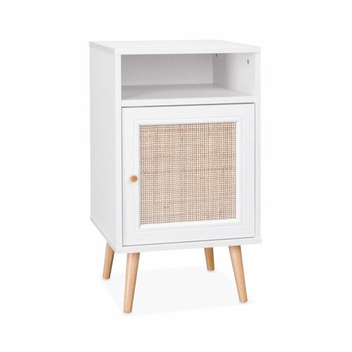 Table De Chevet En Cannage - Bohème - 40x39x65.8cm. Blanc - 2 Niveaux - 1 Porte - 1 Espace De