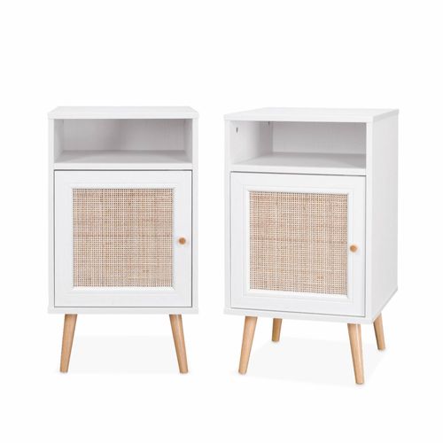 Lot De 2 Tables De Chevet En Cannage - Bohème - 40x39x65.8cm Blanc - 2 Niveaux - 1 Portes - 1