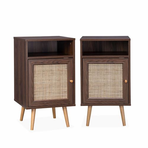 Lot De 2 Tables De Chevet En Cannage - Bohème - 40x39x65.8cm Couleur Bois Foncé - 2 Niveaux - 1