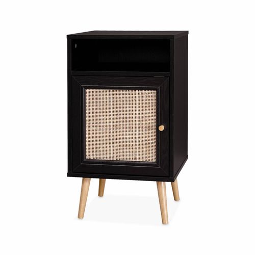 Table De Chevet En Cannage - Bohème - 40x39x65.8cm Noir - 2 Niveaux - 1 Porte - 1 Espace De