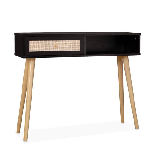 Console En Cannage 100x29x81cm - Bohème - Noir. 1 Tiroir.1 Espace De Rangement. Pieds