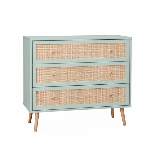 Commode En Décor Bois Vert Céladon Et Cannage 90x39x79cm - Bohème - 3 Tiroirs