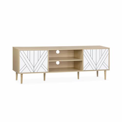 Meuble Tv Décor Bois Et Blanc - Mika - 2 Niveaux 3 Étagères 2 Portes L 160 X L 40 X H 56cm