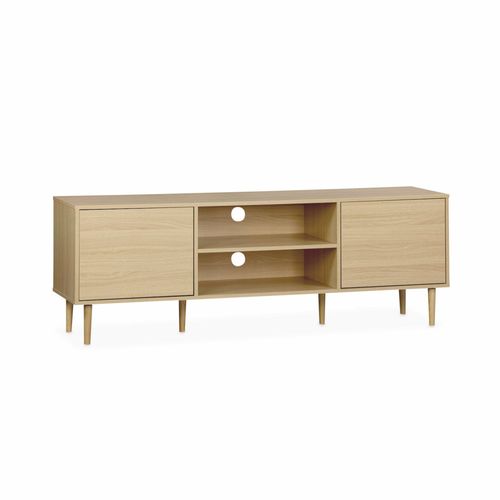 Meuble Tv Décor Bois - Mika - 2 Niveaux. 3 Étagères. 2 Portes. L 160 X L 40 X H 56cm