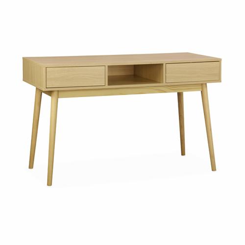 Console Décor Bois - Mika - 2 Tiroirs. 1 Casier De Rangement. Pieds Scandinaves. L 120 X L 48 X H