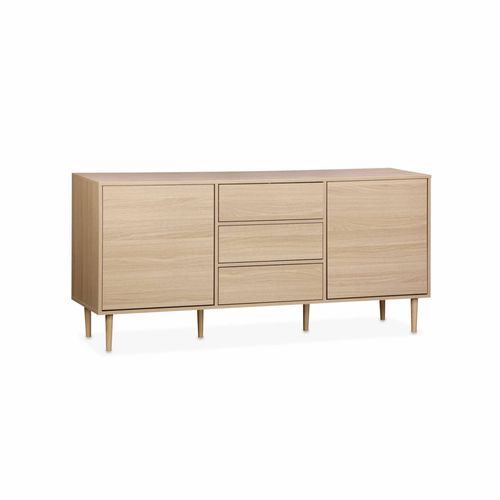 Buffet De Rangement Décor Bois - Mika - 2 Niveaux 2 Portes 3 Tiroirs L 160 X L 40 X H 74cm